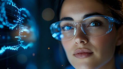 Poster - Young Asian woman in glasses looking at futuristic holographic data visualization with blue digital code interface in dark environment.