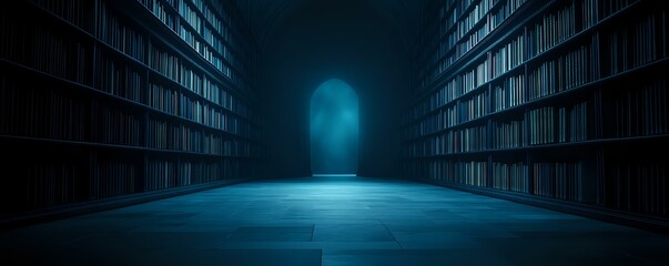 Poster - Dark library corridor with glowing blue ethereal archway between towering bookshelves creating mysterious atmosphere. Dramatic lighting illuminates empty passage.