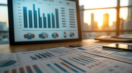 Poster - Business Charts and Graphs on Desk with Sunset City View