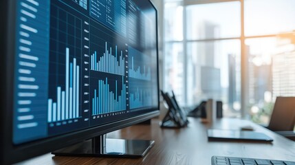 Poster - Data Visualization on Monitor in Modern Office Setting with City View
