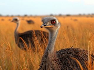 Wall Mural - greater rheas in a golden field with blurred background at dawn in nature