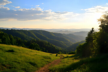 Canvas Print - Tranquil Footpath Winds Through Lush Green Hills at Sunset with Rolling Hills Beyond