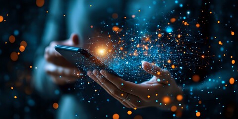 Poster - Glowing magical light sphere floating above female hands against dark blue background with sparkles and bokeh effects, mystical fantasy concept.