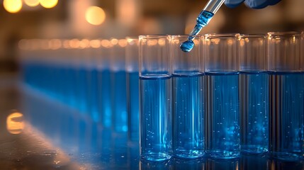 Poster - Laboratory test tubes with bright blue liquid and pipette dropping solution, glowing scientific research background with bokeh lights.