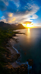 Poster - Golden Sunset Illuminates Coastal Landscape with Mountains and Ocean View Beautifully