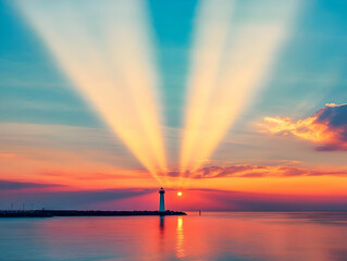 Poster - Lighthouse stands tall amidst a vibrant sunset, with light beams piercing through the sky beautifully