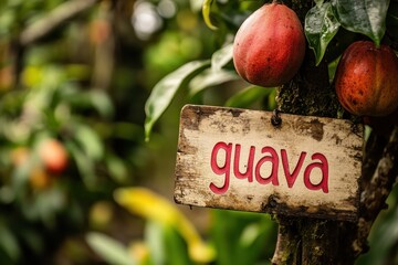 Wall Mural - Guava Tree with Ripe Fruits Hanging and a Rustic Wooden Sign Displaying the Word Guava in a Lush Green Orchard Setting on a Sunny Day