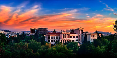 Wall Mural - Historical Buildings Stand Majestically at Sunset with Colorful Sky and Lush Greenery.