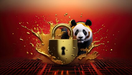 Poster - Golden Padlock Surrounded by Splashing Liquid and Cute Panda