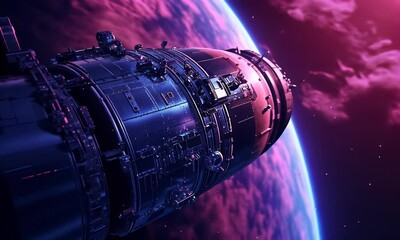 Poster - Spaceship orbiting vibrant planet, cosmic background, science fiction