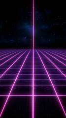 Wall Mural - Retro Futuristic Grid Landscape with a Glowing Pink Line Ascending into the Starry Night Sky.