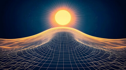 Wall Mural - 3D Wireframe Landscape with a Bright Sun and Stars creates an abstract representation of terrain under a celestial body.