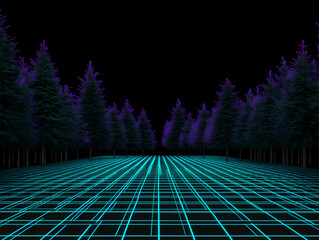 Wall Mural - 3D Rendered Illustration of Neon Grid in Dark Forest with Purple Trees