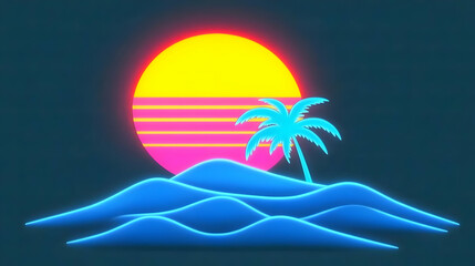 Wall Mural - Neon Tropical Sunset Shines Brightly Over Glowing Blue Waves with Palm Tree