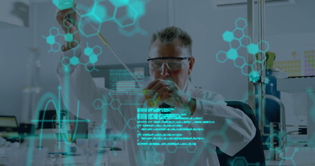 Poster - Image of scientific data processing over caucasian male scientist in laboratory