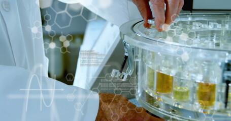 Poster - Image of data processing and chemical formula over caucasian scientist doing experiment in lab