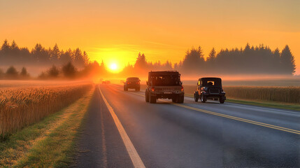 Canvas Print - Vehicles Driving on Road During Golden Hour Sunrise Through Foggy Fields and Trees