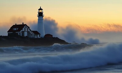 Poster - Coastal Lighthouse Sunrise, Dramatic Waves, Fog, Keeper's House