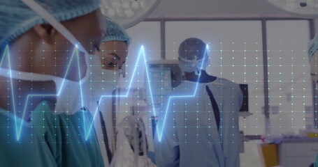 Poster - Image of cardiograph over diverse doctors during surgery