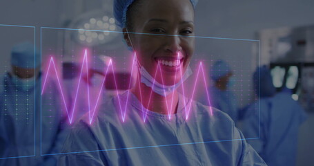 Poster - Image of cardiograph over diverse doctors wearing face masks
