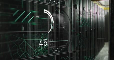Poster - Image of data processing over globe and server room