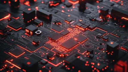 Poster - Close-up View of Futuristic Circuit Board with Red Neon Lights