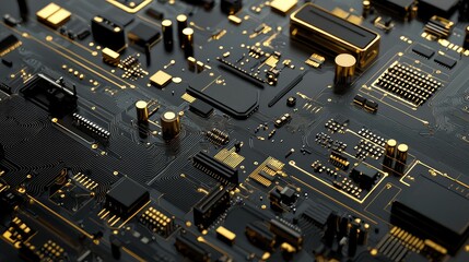 Poster - Detailed View of a Black and Gold Circuit Board with Components