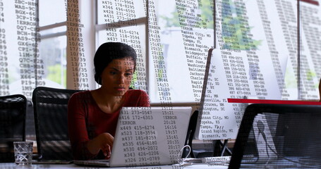 Poster - Image of financial data processing over biracial businesswoman using laptop in office