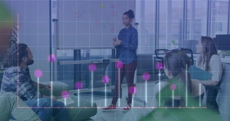 Poster - Image of diagrams over diverse colleagues talking in office