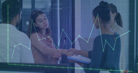 Poster - Image of diagrams over diverse colleagues talking in office