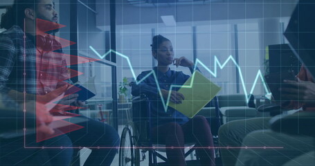 Poster - Image of diagrams over disabled and diverse colleagues talking in office