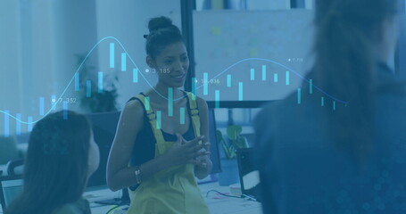 Poster - Image of financial data processing over diverse business people in office