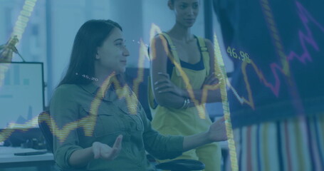 Poster - Image of financial data processing over diverse business people in office