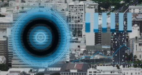 Poster - Image of data processing and scope scanning over cityscape