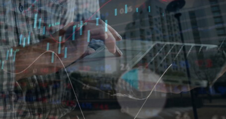 Poster - Image of financial data processing over caucasian man using laptop