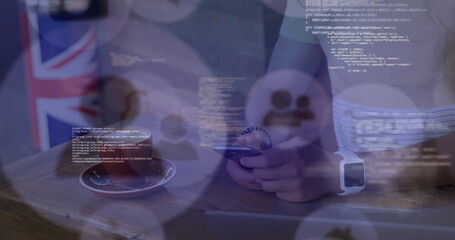 Poster - Image of people icons and financial data processing over caucasian man using smartphone