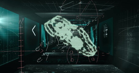 Poster - Image of cloud with cogs over mathematical equations and symbols on black background