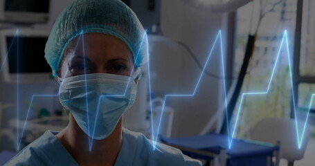 Poster - Image of cardiograph over caucasian female doctor with face mask in operating room