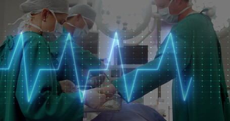 Poster - Image of cardiograph over caucasian surgeons with face masks in operating room