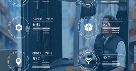 Poster - Image of data processing and media icons over caucasian male worker in turret truck in warehouse