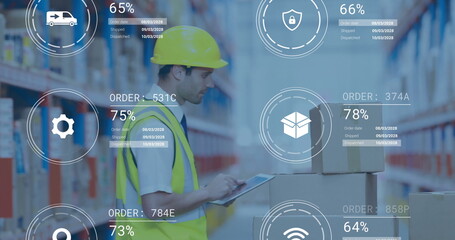 Poster - Image of data processing and media icons over caucasian male worker using tablet in warehouse