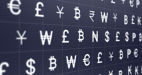 Poster - Image of currency symbols on black background
