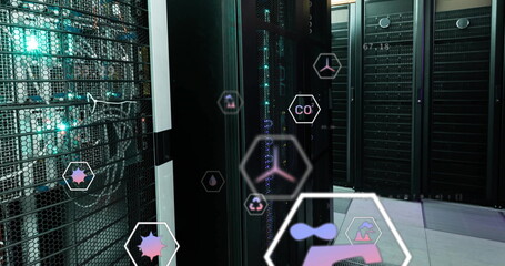 Poster - Image of digital eco icons and data processing over computer servers