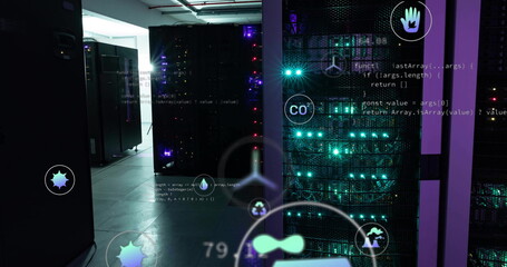 Poster - Image of digital icons and data processing over computer servers