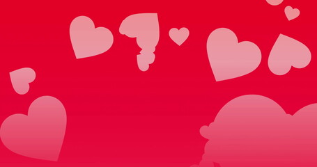 Wall Mural - Image of pink hearts rising over red background