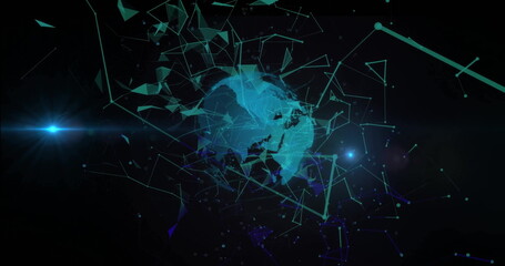 Poster - image of network of connections over globe and light spots on black background