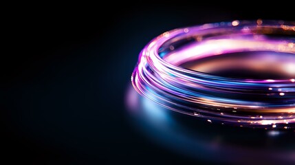 Poster - Glowing neon light trails forming dynamic circular motion against dark background, vibrant pink and blue colors create futuristic energy flow effect.