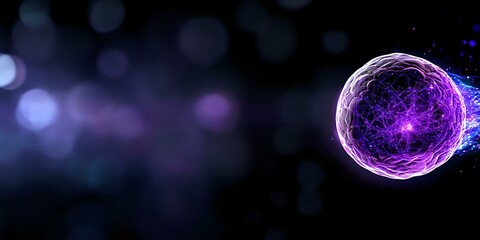 Poster - glowing purple energy sphere with plasma trails floating in dark space against blurred bokeh backgro