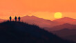 © Thiago - Silhouettes journey across sunset ridge. shadow ridge. illustration. Sunset Ridge. Illustration
