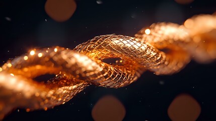 Poster - Glowing copper metallic spiral with intricate mesh pattern on dark background with bokeh lights creates dramatic artistic composition for luxury design projects.